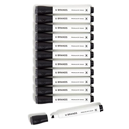 U Brands 드라이 지우개 마커, 파인 팁 화이트보드 마커, 끌 팁, 적은 냄새, 지우개 캡이 있는 블랙 드라이 지우개 마커 세트, 사무실 학교 교실 용품, 12개입 - color: 블랙.