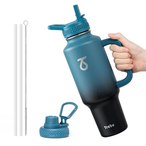Trebo Insulated Water Bottle 40oz Fits in Car Cup Holder with Side Handle | Stainless Steel Metal Tumbler with Straw Spout Lids, Triple-Wall Vacuum Copper Plated, Cold 48 Hrs Hot 24 Hrs for Travel, Gym - color: Indigo Black, size: 40 Ounces