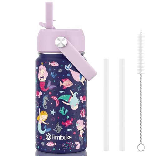 Fimibuke Kids Insulated Water Bottle, 14oz BPA FREE 18/8 Stainless Steel Travel Tumbler Double Wall Vacuum Leak Proof Kids Cup with Straw Metal Water Bottle for School Boys Girls(1 Pack, MERMAID) - color: A2. MERMAID