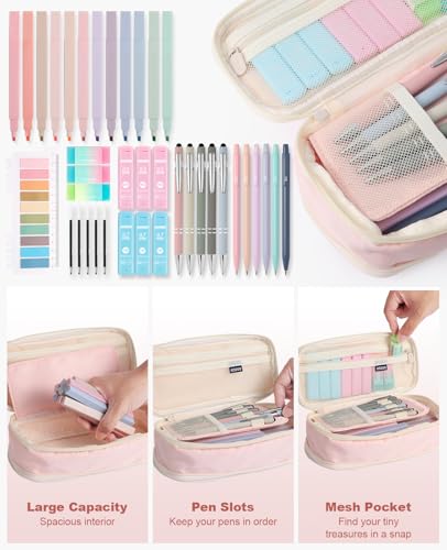 39PCS Aesthetic School Supplies with Cute Pencil Case, 5X Ballpoint Pens with Stylus Tip, 12X Pastel Highlighters, 6X Mechanical Pencil Set 0.5&0.7mm, Suit for Preppy School College Essentials(blue) - color: Blue