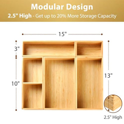 Umilife Drawer Organizer Storage Boxes, 2.5" High Bamboo Drawer Dividers, 5 Rearrangeable Bins for Kitchen, Office Desktop, Clothing, Makeup, vanity, Jewelry - size: 15 x 13 x 2.5" (5 Boxes)
