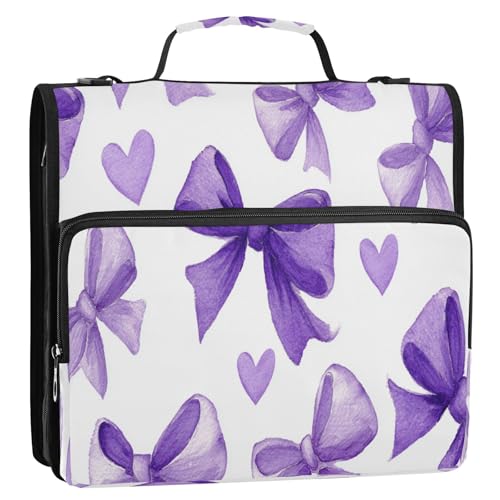 Caikeny 3 Ring Zipper Binder Watercolor Bows Lavender Purple Hearts 1.5 inch Binders Bag Expanding File Pockets with Shoulder Strap and Handle - color: Multicolored 1z83.3