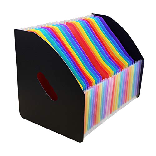 SAYEEC Rainbow Expanding File Holder Standing A4 Vertical Mini Book Organizer Magazine Basket Desktop 24 Pockets Files Folder with Handle for Students Examination Paper Bills Office Study - color: 24 Pockets - Black&rainbow