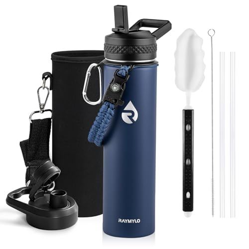 RAYMYLO Insulated Water Bottle 24 oz, Triple Wall Vacuum Stainless Steel (Cold for 24Hrs, Hot for 12Hrs), Leak Proof & Non-BPA, Modern Water Flask Jug with Paracord Handle & Straw Spout Lids - color: Dark Blue, size: 24 Ounces