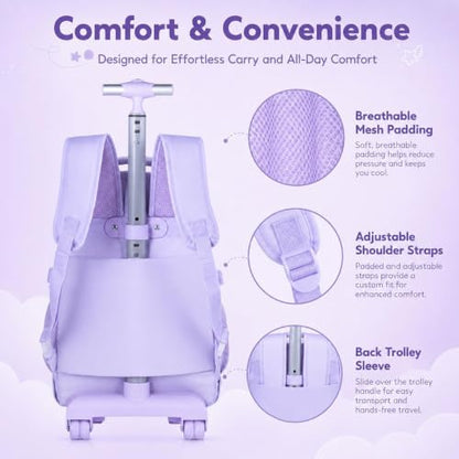 WZLVO Rolling Backpack for Girls, 21 inch Water Resistant Roller School Bag with Wheels, Wheeled Backpacks Set for Teen Women Elementary Travel - Purple - color: Purple