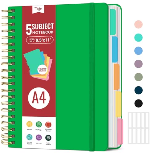 Hardcover Spiral Journal Notebooks for Work With Removable Dividers & Tabs, 8.5"x11" 5 Subject Notebook for Note Taking & Organizer, A4 College Ruled Lined Journal for Women & Writing, Racing Green, 280 Pages - color: G-Racing Green