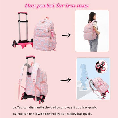 Mfikaryi Girls Rolling Backpack Elementary Student Outdoor Travel Trolley Bag Bookbag with Wheels - color: Purple -6 Wheels