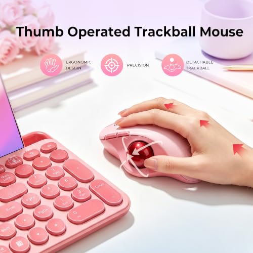seenda Wireless Trackball Mouse, Ergonomic Bluetooth Rollerball Mouse Rechargeable, 3 Device Connection Optical Mice Adjustable DPI Thumb Control Mice Compatible for PC/Laptop/Windows/Mac - Pink - color: Pink