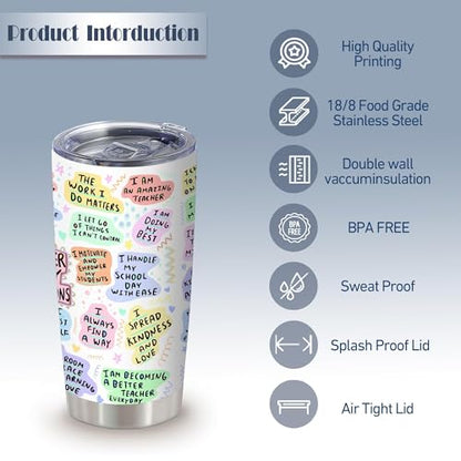 20oz Teacher Daily Positive Insulated Stainless Steel Tumbler with Lid | Double Wall Insulated Mug, Inspirational Design, Gift for Teachers from Students, Fits Appreciation Birthday Christmas - color: 1 Count (Pack of 1)-Teacher Daily Affirmation