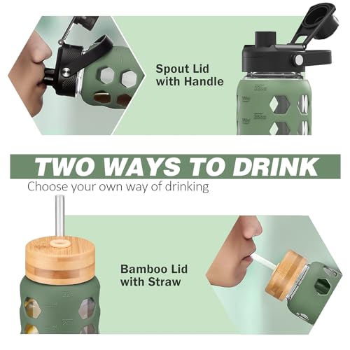 MUKOKO Glass Water Bottle, 32oz, Olive | Glass Tumbler with Straw, Drinking Bottles with 2 Lids-Handle Spout Lid & Bamboo Straw Lid, Silicone Sleeve, 1 Pack - color: Olive, size: 32 Ounces
