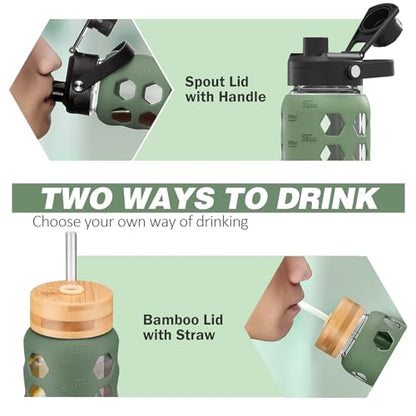 MUKOKO Glass Water Bottle, 32oz, Olive | Glass Tumbler with Straw, Drinking Bottles with 2 Lids-Handle Spout Lid & Bamboo Straw Lid, Silicone Sleeve, 1 Pack - color: Olive, size: 32 Ounces