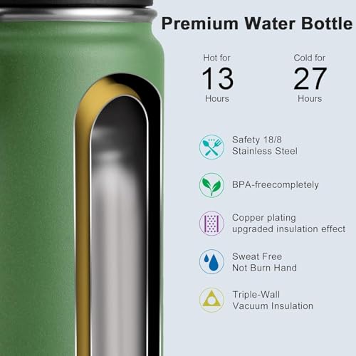 koodee 16 oz Water Bottle Stainless Steel Double Wall Vacuum Insulated Wide Mouth Water Bottle with Leakproof Spout Lid-Reusable Metal WaterFlask BPA Free (Grass Green) - color: Grass Green, size: 16 Ounces