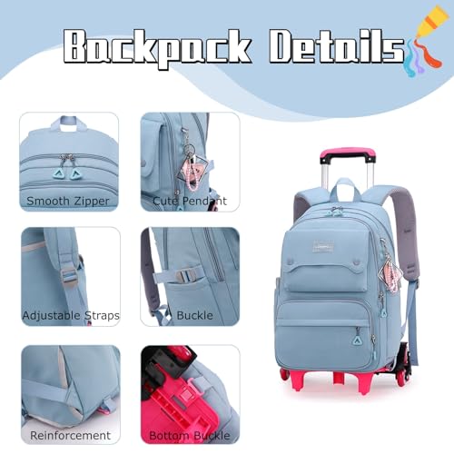 Solid Color Girls Rolling Backpack with Wheels Schoolbag Elementary School Student Trolley Daypack - color: A-blue - Six Wheels, size: 6 Wheels