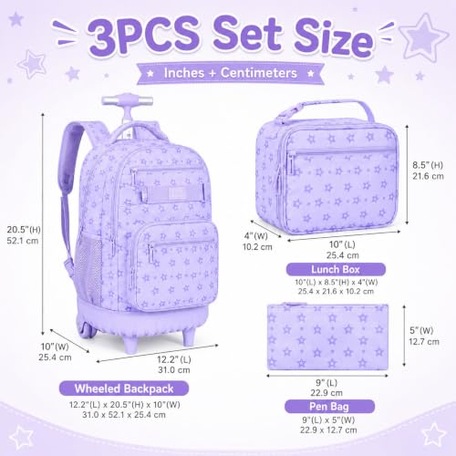 HPJGD 3PCS Girls Rolling Backpack, Purple Star Wheeled School Backpacks, Water-Resistant Roller Bookbag Set - color: Purple Star Rolling Backpack Set