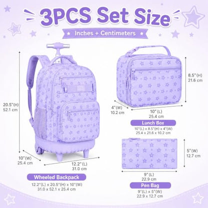 HPJGD 3PCS Girls Rolling Backpack, Purple Star Wheeled School Backpacks, Water-Resistant Roller Bookbag Set - color: Purple Star Rolling Backpack Set