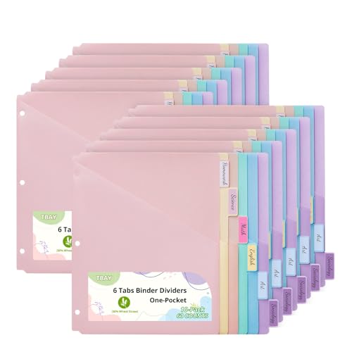 Bundle 10 Packs 6-Tab Letter Size Dividers for 3 Ring Binder, 60 Counts Wheat Straw Binder Dividers with One Pocket, 6 Pastel Colors, Perfect for School, Office Supplies (10) - color: Pastel Color, size: 10-Pack