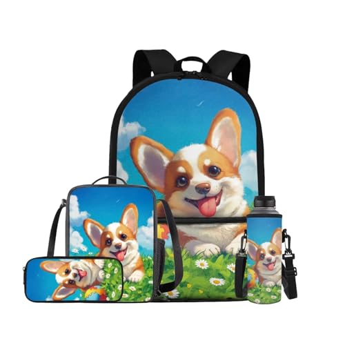 Cute Corgi Dog Backpack for Girls Boys Backpack with Lunch Box Water Bottle Holder and Big Pencil Case 4PCS Set 17" Bookbag with Front Pocket for School Sturdy School Bag for Kids Elementary - color: Cute Corgi