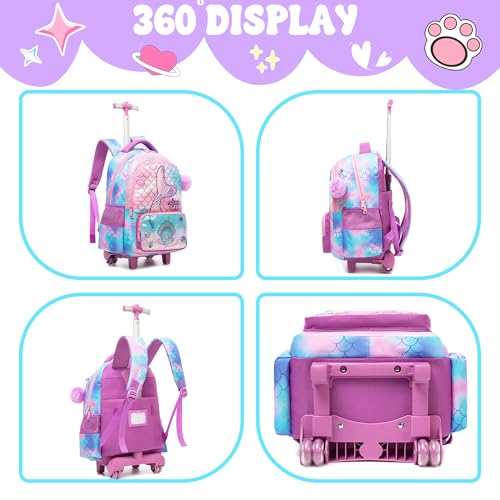 Meetbelify Kids Mermaid Rolling Backpack with Wheels for Elementary Students Kids Travel Luggage Carry on School Backpack for Girls Ages 6-8 - color: 01 Mermaid
