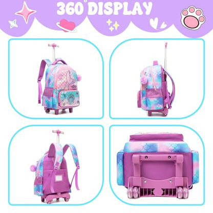 Meetbelify Kids Mermaid Rolling Backpack with Wheels for Elementary Students Kids Travel Luggage Carry on School Backpack for Girls Ages 6-8 - color: 01 Mermaid