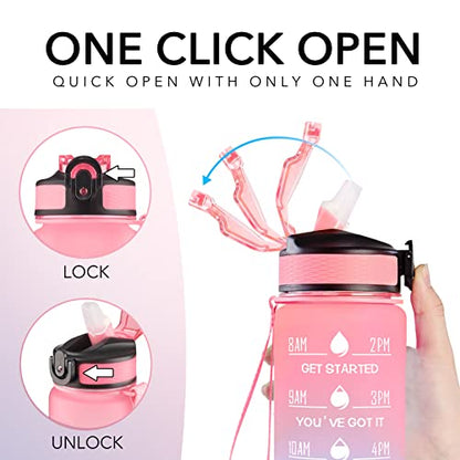 Hyeta Water Bottle with Straw & Time Marker, Plastic 32oz Leakproof | Motivational Tritan BPA Free Gym Office Outdoor Intake Tracker Hourly Reminder Straw Lid Carry Strap - color: Pink-Blue