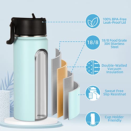 Volhoply 18oz Kids Insulated Water Bottle,Stainless Steel Water Bottles with Straw Lid,Wide Mouth Reusable Metal Water Bottle,Double Wall Vacuum Sports Travel Flask For Cold Drink(Fog,1 Set) - color: Fog