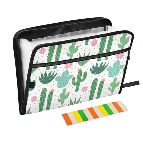 Expanding File Folder Cactus Pattern Accordion File Organizer 13 Pockets Document Organizer with Zipper Labels A4 Letter Office Storage - color: Multi6