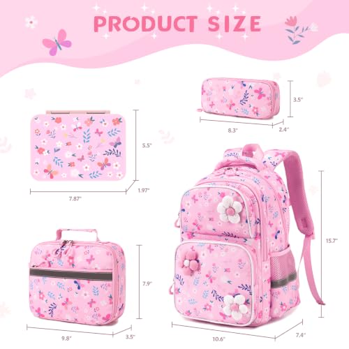 Kids Backpack for Girls 4-8, Cute 3D Soft Flower Toddler Backpack with 34oz Lunch Box, Insulated Bag, Pen Case & Utensils, School Bookbag for Preschool Kindergarten Elementary Student - color: Flowers