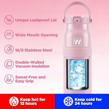 32 oz Insulated Water Bottle with Straw, Leakproof Stainless Steel Bottle with Handle, Non-Slip Silicone Sleeve, Internal Markings, Dishwasher Safe for Travel, Gym, Sports,Pink - color: Pink