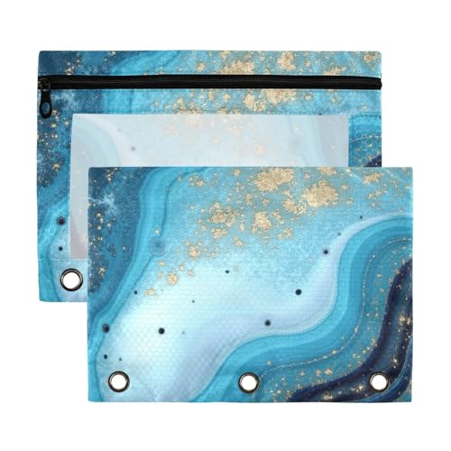 Kcldeci Pencil Pouch for 3 Ring Binder, Ocean Marble Blue Gold 2 Pack Binder Pencil Pouch with Clear Window Pencil Bags with Zipper Pencil Case for Binder - color: B09
