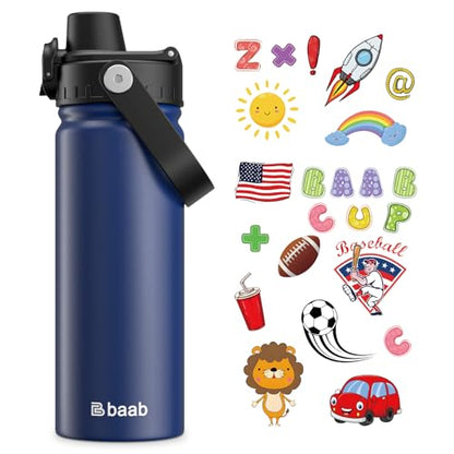 baab 18oz Kids Water Bottle, Insulated Kids Water Bottle with Lockable Spout Lid & Stickers, 18/8 Stainless Steel Vacuum Leakproof Kid Water Cup with Handle for Boy Girl & School (Navy Blue, 1 Pack) - color: Navy Blue, size: 18 Ounces