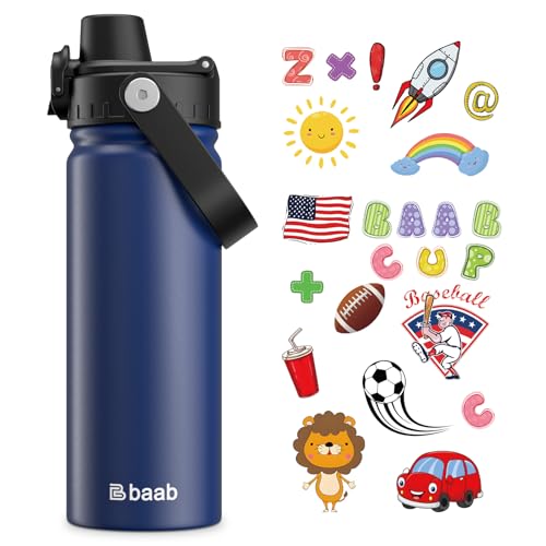 baab 18oz Kids Water Bottle, Insulated Kids Water Bottle with Lockable Spout Lid & Stickers, 18/8 Stainless Steel Vacuum Leakproof Kid Water Cup with Handle for Boy Girl & School (Navy Blue, 1 Pack) - color: Navy Blue, size: 18 Ounces