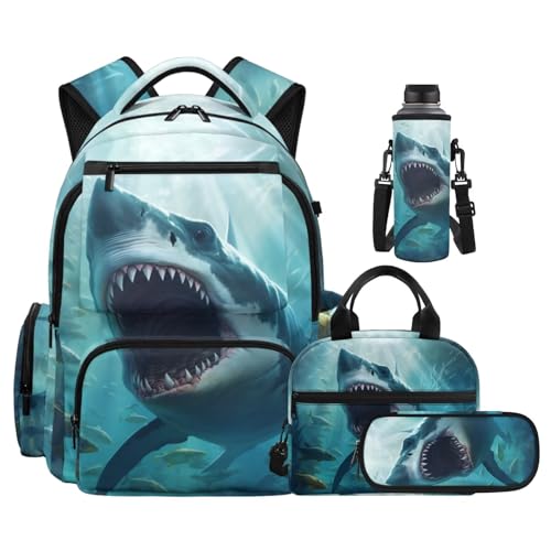 Cool Shark Backpack for Boys Girls Kids Backpack with Lunch Box Water Bottle Carrier and Cute Pencil Case 4PCS Set Bookbag with Front Pocket for School 17 inch Large School Bag Graduation - color: Cool Shark