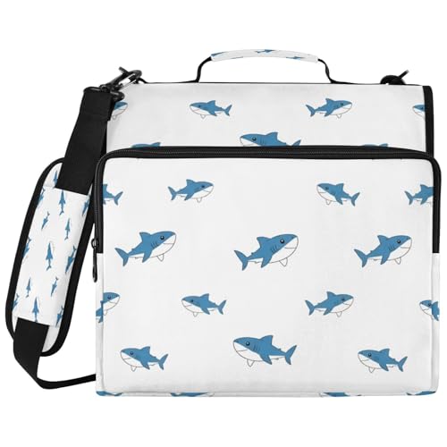 ATTX Mini Blue Shark Zipper Binder with Shoulder Strap, 2 Inch 3-Ring Binder Bag Fits 14" Laptop, 800-Sheet Large Capacity File Organizer
