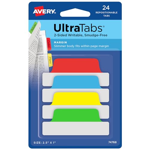 Avery® Margin Ultra Tabs®, 2.5" x 1", 2-Side Writable, Assorted Colors, 24 Repositionable Page Tabs (74768) - color: Assorted Colors, style: 24 tabs