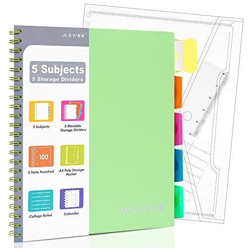 Spiral Notebook - 5 Subject Notebook, College Ruled Notebook 3-Hole Punched With Dividers, Storage Pockets, 11" Ruler, 100 Sheets of 200 Pages, for Writing Journal, Home &Office, School - color: Lime Green, size: 1 Pack