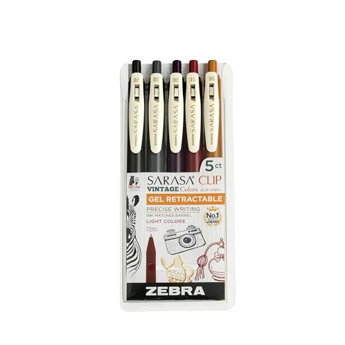 Zebra Pen Sarasa Clip Retractable Gel Pen, 0.5mm Fine Point, Dark Assorted Vintage Ink Colors, Water Based, Ideal for Office and School, Journal, Note Taking and Planner Use, 5-Pack (47455) - color: Neutral Vintage B