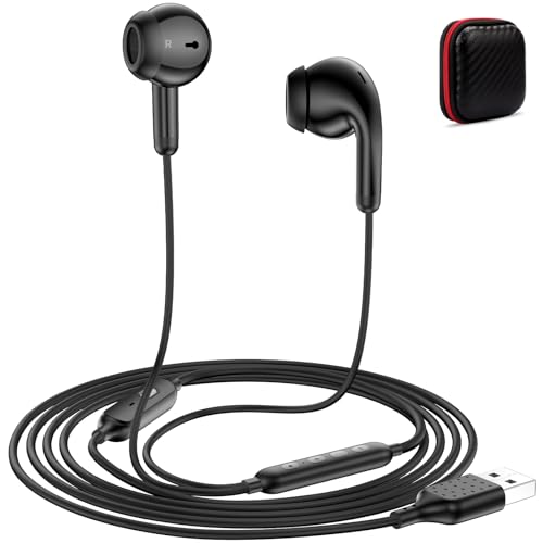 USB Earbuds with Microphone Mute for PC,Wired Headphones USBA,Black | USB Headset with Mic for Computer, 3EQ Mode,Stereo Noise Isolating Earbuds for HP/Dell Laptop Gaming Work Office Zoom School - color: Black