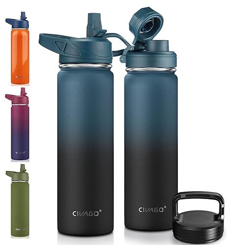 CIVAGO 22 oz Insulated Water Bottle With Straw, Stainless Steel Sports Water Flask Cup with 3 Lids (Straw, Portable Spout and Handle Lid), Double Walled Travel Thermal Canteen Mug, Indigo Black - color: .Indigo Black, size: 22 Ounces