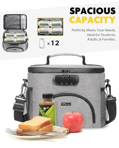 Lunch Bag with Combination Lock, Lunch Box for Men Women, Adjustable Shoulder Strap & Leakproof Soft Cooler for Commute, Travel & Gym - color: Gray