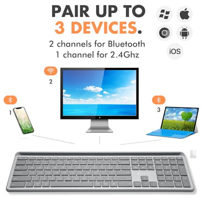X9 Full-Size Bluetooth Keyboard with Phone Holder – Backlit Wireless Keyboard, Switch Multi-Device, Slim, Quiet, Rechargeable, w/Copilot AI for PC, Mac, iOS & Android (Silver) - color: Silver