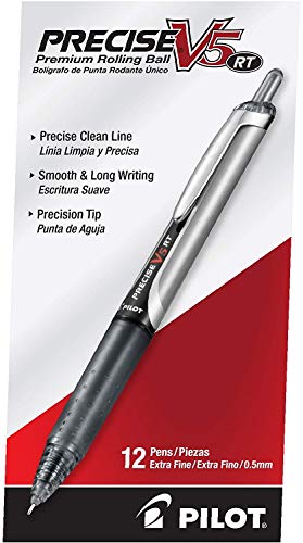 Pilot Precise V5 RT Refillable & Retractable Rollerball Pens, Extra Fine Point Pens 0.5 mm, Black, Pack of 12 - Ideal for School, Journaling & Office Writing - color: Black, size: 12 Count (Pack of 1)