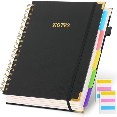 LABUK Leather Spiral 5 Subject Notebook with Removable Dividers Tabs, 300 Pages B5 Hardcover Spiral Notebook, 8"x10" Journal for Work School Note Taking, College Ruled Journal for Women, Black - color: 2-black