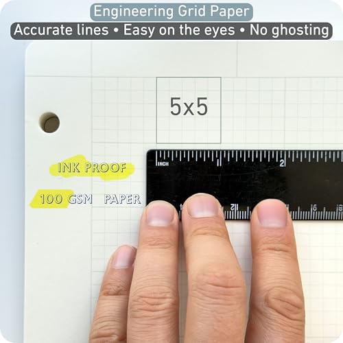 Engineering Pad 2 Pack, 8.5” x 11”, 100 GSM Paper, No Bleed-Through, 5x5 Quad Ruled Graph Paper, Double-Sided with Standard Header, 3 Hole Punched, Cream Paper, Rounded Corners, 200 Pages Each