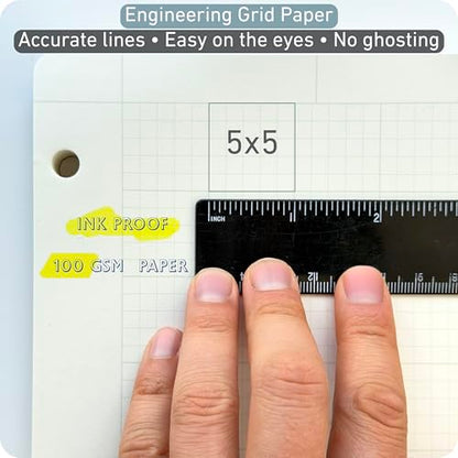 Engineering Pad 2 Pack, 8.5” x 11”, 100 GSM Paper, No Bleed-Through, 5x5 Quad Ruled Graph Paper, Double-Sided with Standard Header, 3 Hole Punched, Cream Paper, Rounded Corners, 200 Pages Each