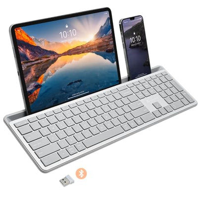 X9 Full-Size Bluetooth Keyboard with Phone Holder – Backlit Wireless Keyboard, Switch Multi-Device, Slim, Quiet, Rechargeable, w/Copilot AI for PC, Mac, iOS & Android (Silver) - color: Silver
