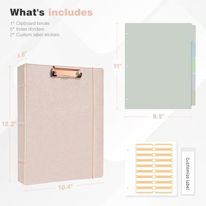 Ospelelf 3 Ring Binder with Clipboard, 1 Inch Leather, Letter Size (8.5" x 11"), Clipboard Binder with 5 Tab Dividers, Rose Gold - color: Rose Gold, size: Letter Size - 1 Inch