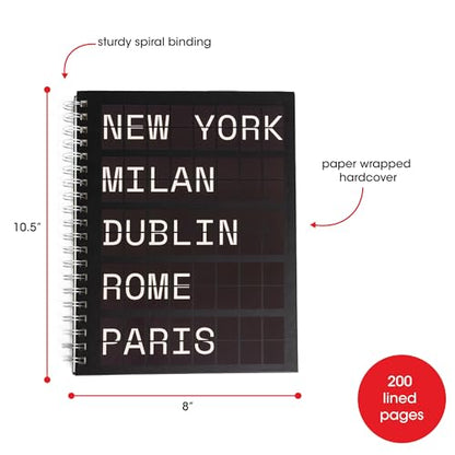 Pearhead City Travel Spiral Notebook, New York Milan Paris Departures Board Hardcover Journal – 100 GSM Thick Lined Pages, UV Spot Gloss Cover, Lay Flat Double-Coil Binding, Wanderlust Gift, 8x10.5 - color: Black & White City Notebook