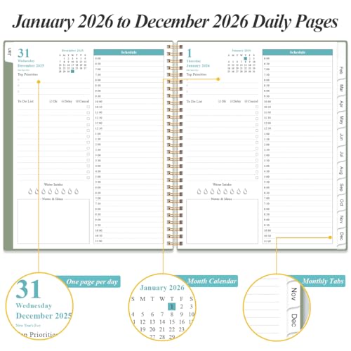 Daily Planner 2026 Full Page Per Day- 2026 Daily & Monthly Planner from January 2026 to December 2026, Day Planner 2026 with 12 Months Tabs, 8.5" x 11", Green - color: Green, size: 8.5" x 11"