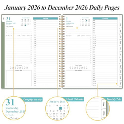 Daily Planner 2026 Full Page Per Day- 2026 Daily & Monthly Planner from January 2026 to December 2026, Day Planner 2026 with 12 Months Tabs, 8.5" x 11", Green - color: Green, size: 8.5" x 11"