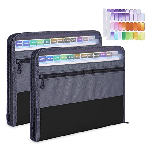 MEGREZ Expanding File Folder with 13 Pockets, 2 Pack A4 Paper File Folder with Zipper Color Labels, Waterproof Accordion File Folder Organizer for Home Office, Black(2 Pack) - color: Black(2 Packs)